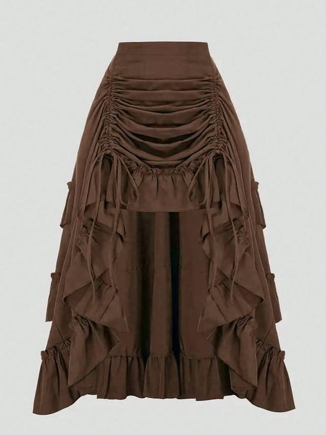 vintage american brown high waist pleated ruffle hem skirt