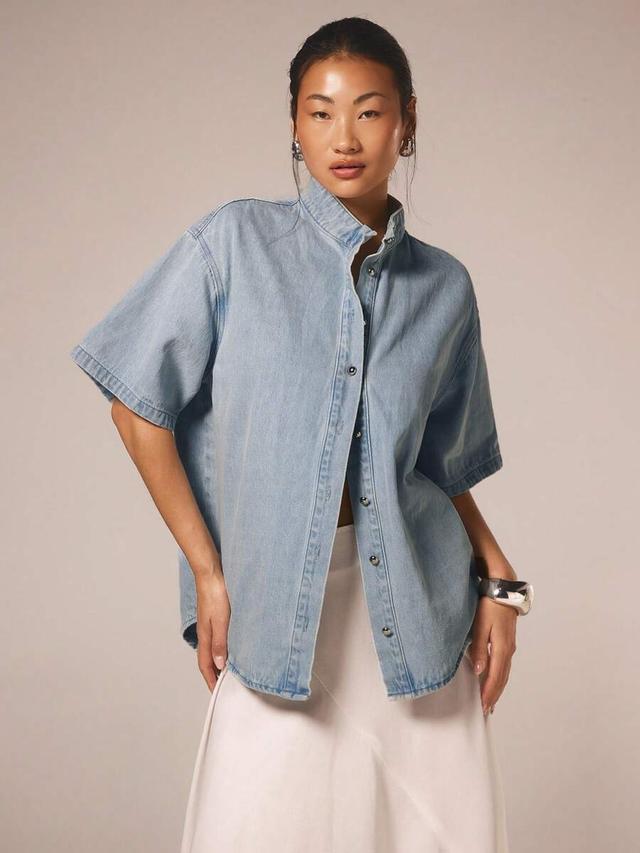 light wash denim short sleeve button down shirt