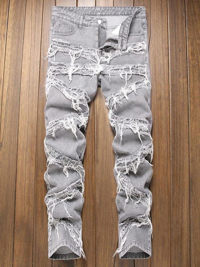 men's grey slim fit distressed fringe jeans