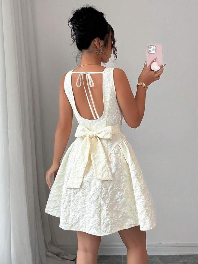 apricot jacquard textured backless tie back flare dress