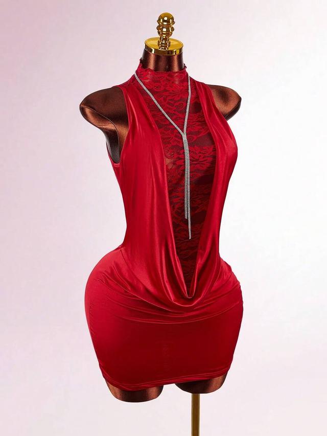 red lace and satin draped bodycon mini dress