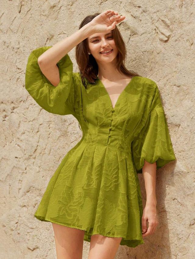 belrosie elegant vintage floral embroidered v-neck puff sleeve dress