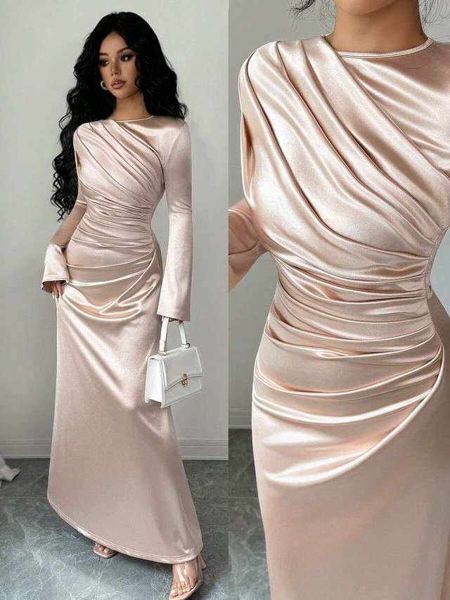 elegant beige satin long dress with front pinch detail