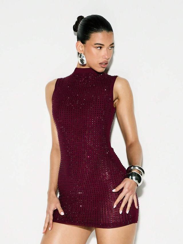 burgundy hot fix high neck sleeveless mini bodycon dress