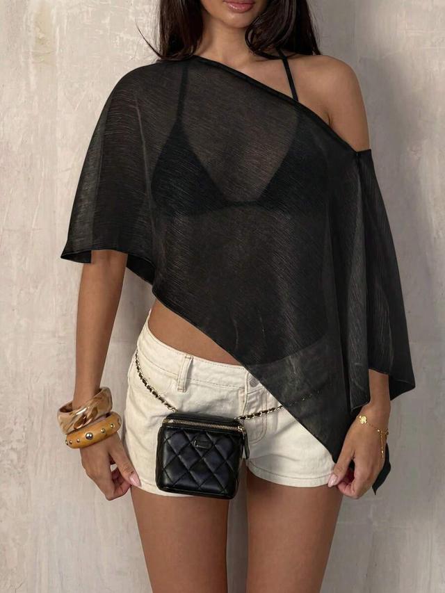 shiny silver thread asymmetric cape top