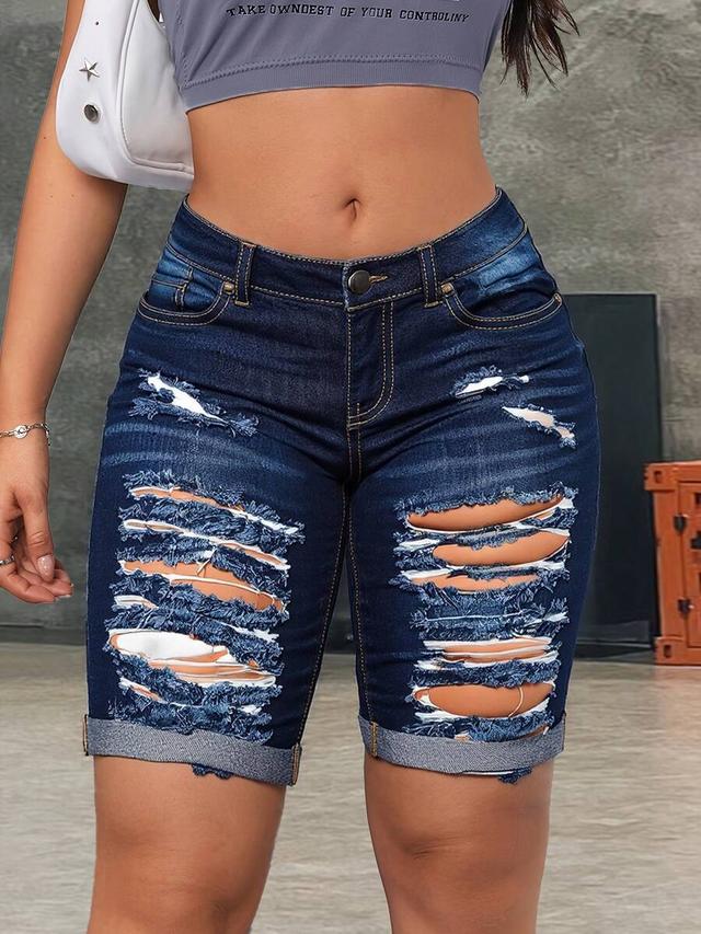 stretchy skinny distressed denim biker shorts