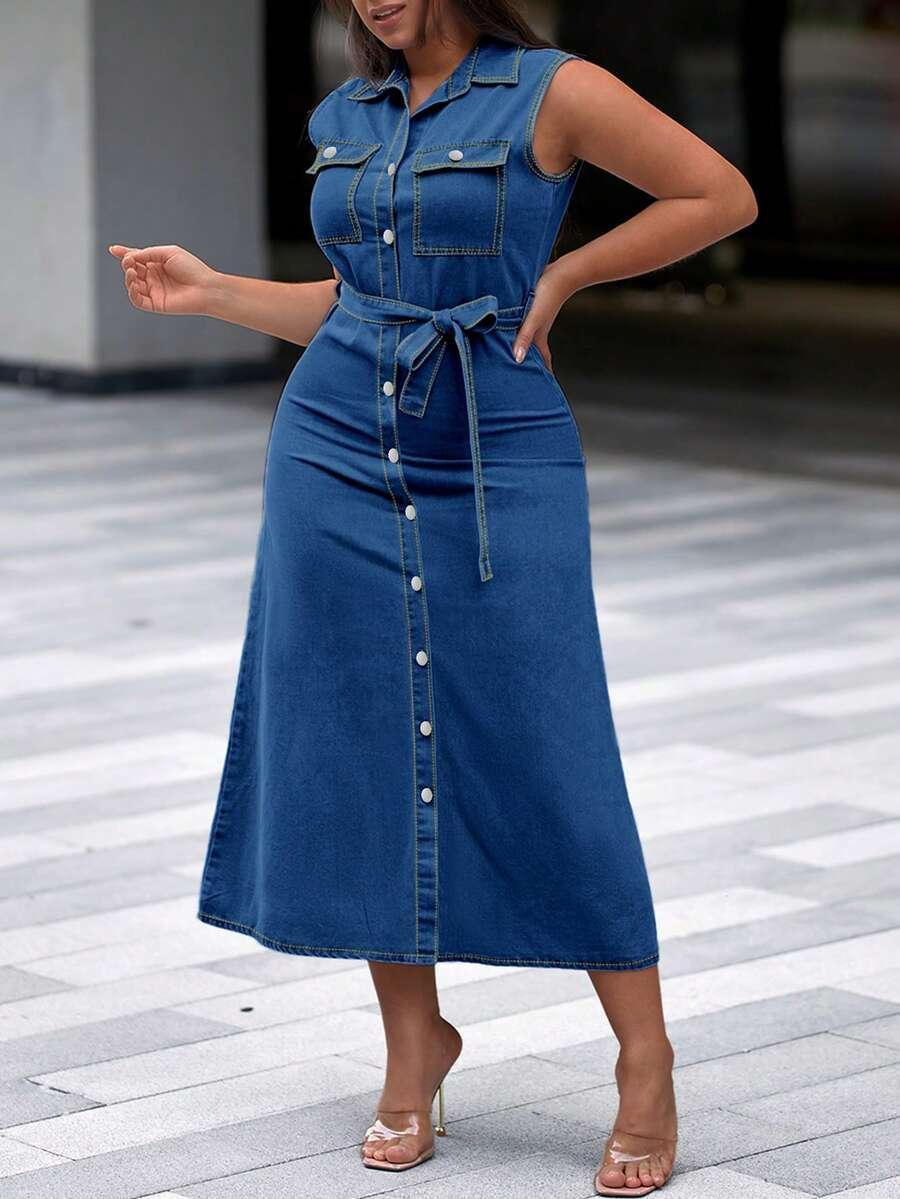 women's dark blue washed sleeveless denim midi dress