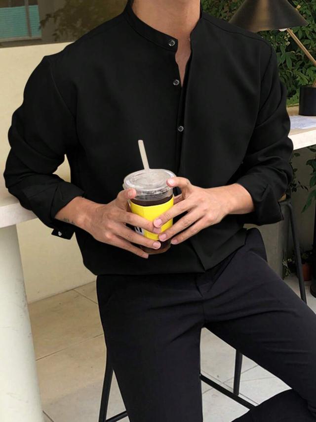 black mandarin collar long sleeve button-up shirt