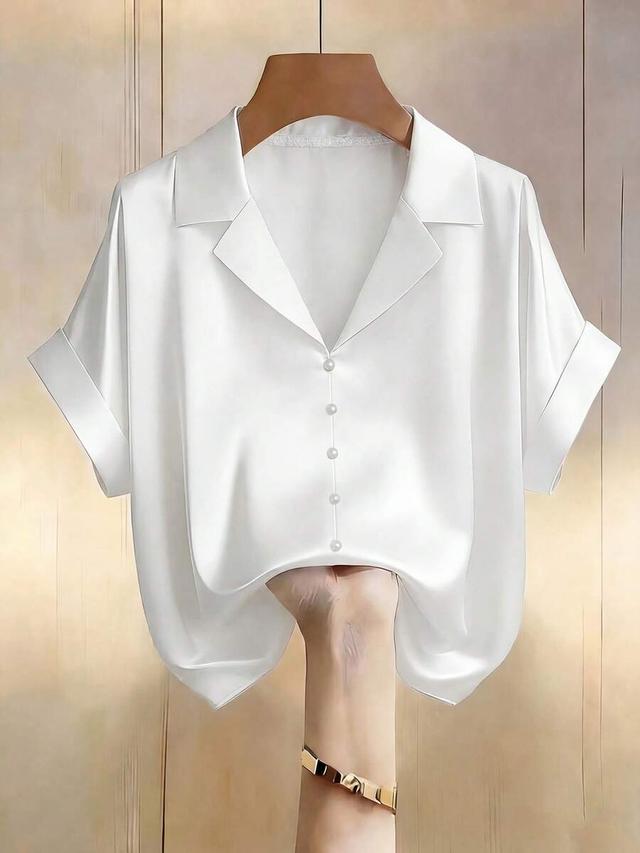 champagne satin v-neck blouse with pearl buttons