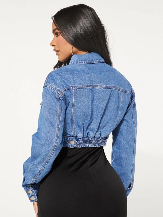 cropped blue denim jacket with elasticated waist