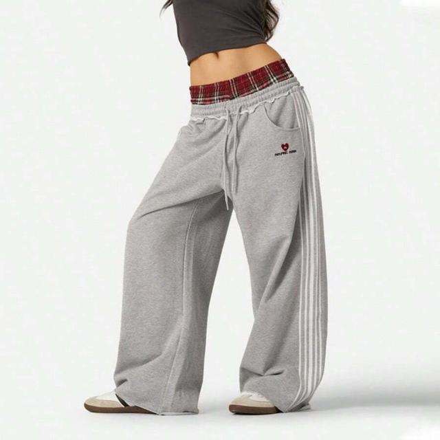 double waist washed baggy sweatpants with plaid patchwork