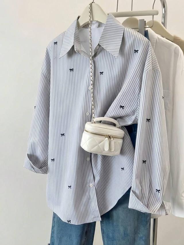 women's striped color block shirt with bow embroidery