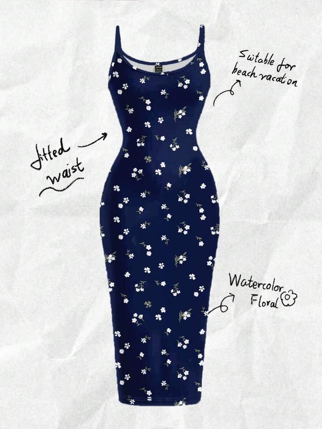blue ditsy floral print bodycon cami maxi dress