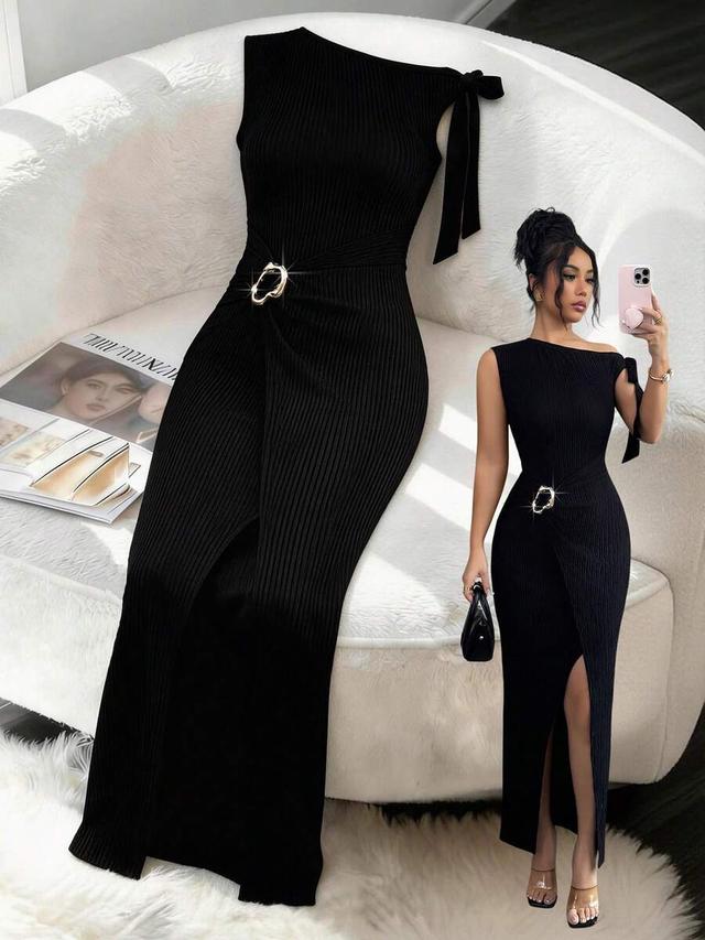 asymmetric shoulder tie textured fitted black slit dress