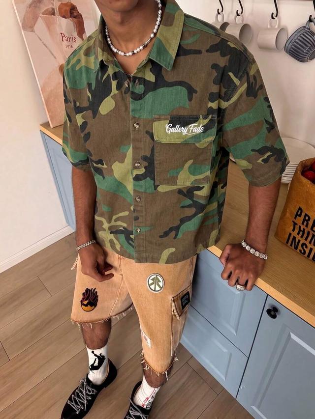 camo print short sleeve button down shirt