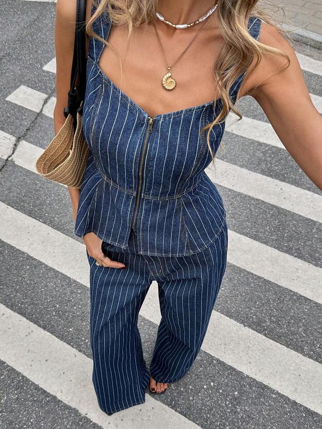 pinstriped denim peplum corset top and matching trousers
