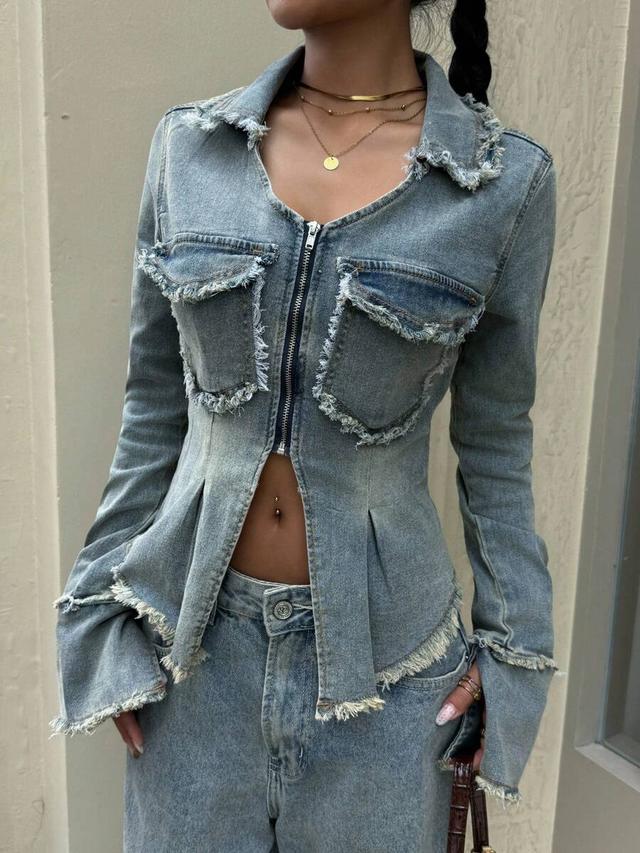 distressed denim zip-up jacket with raw hem