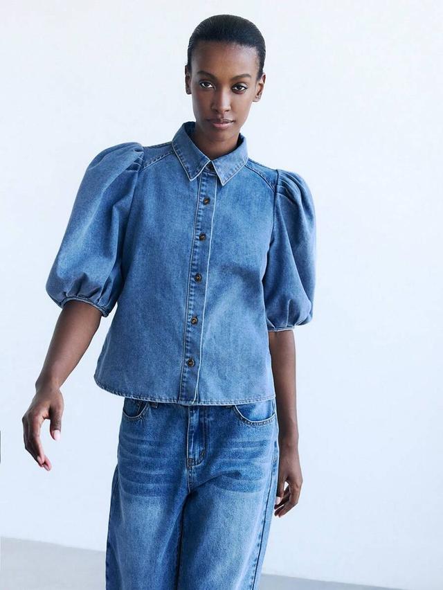 blue denim puff sleeve button up shirt