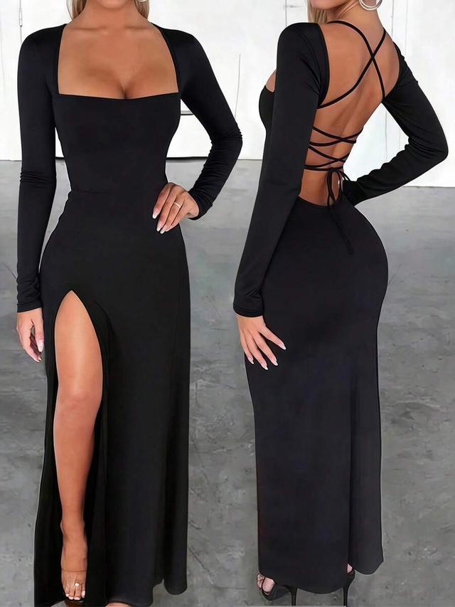 fitted black square neck long sleeve lace-up back dress