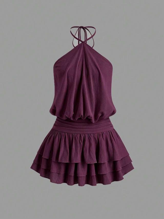 purple halter neck tiered mini dress