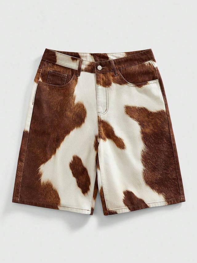 casual cow print denim shorts