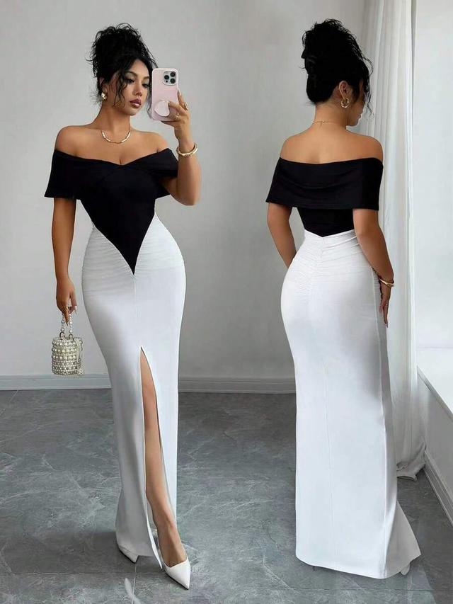 selianne color block off shoulder ruched maxi dress