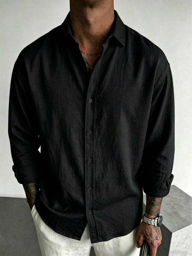 men's black textured linen long sleeve shirt