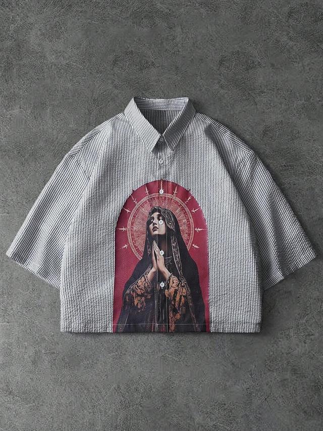 striped virgin mary print short sleeve shirt