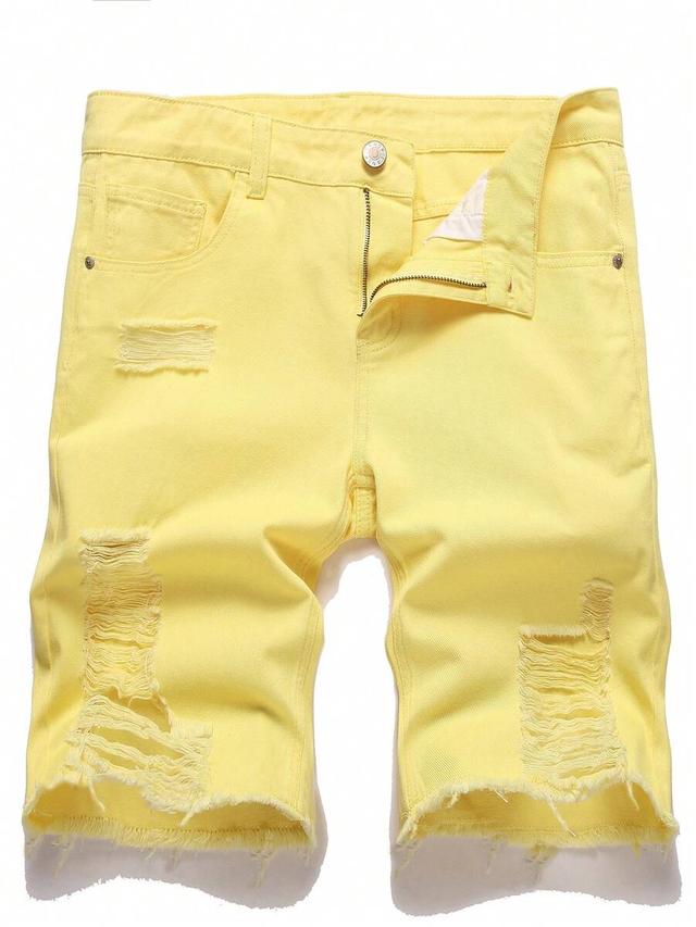 men's yellow solid color distressed frayed denim shorts