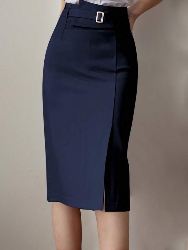 rafferiza solid color belted navy midi skirt