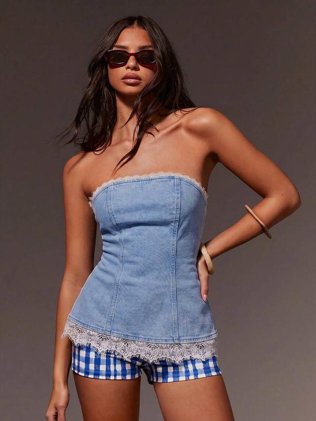 lace patchwork denim bandeau waist-cinched top