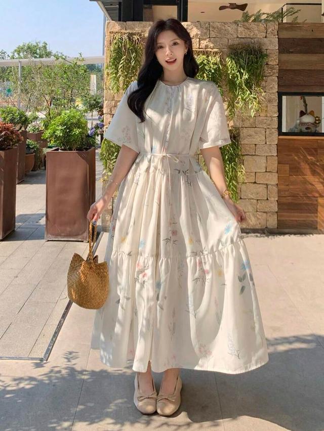 floral print mid-length casual dress with drawstring waist