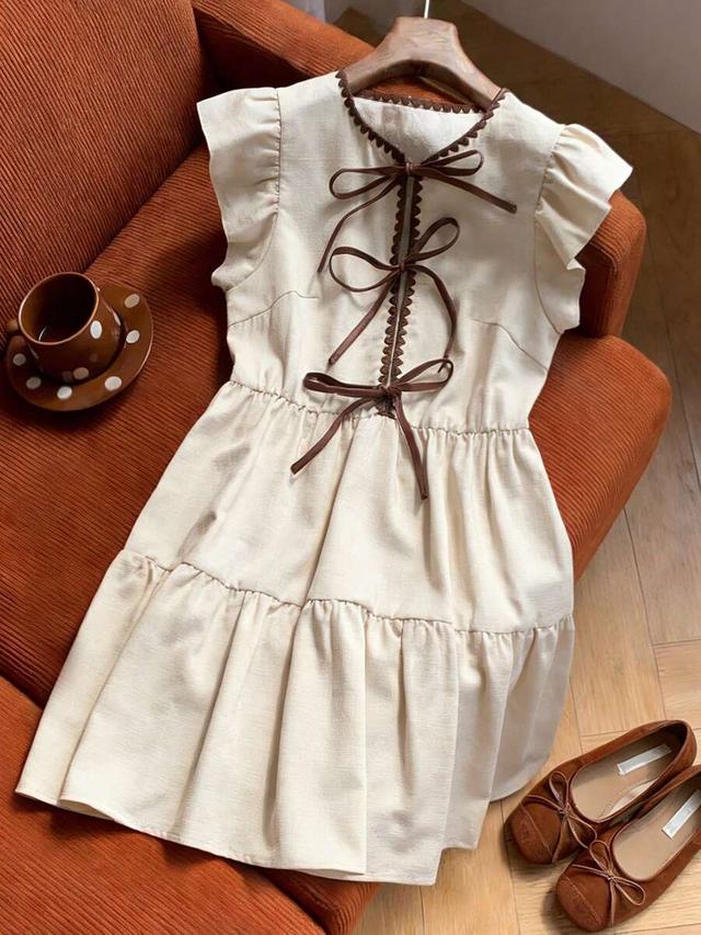 cream linen blend tiered dress with ribbon ties
