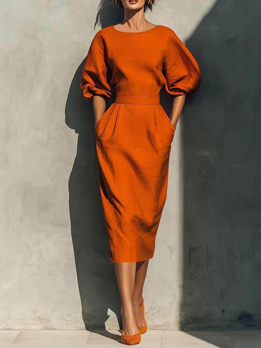 elegant orange v-neck puff sleeve pleated midi dress