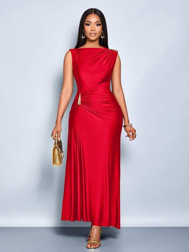 elegant fitted red dress with metallic embellishments