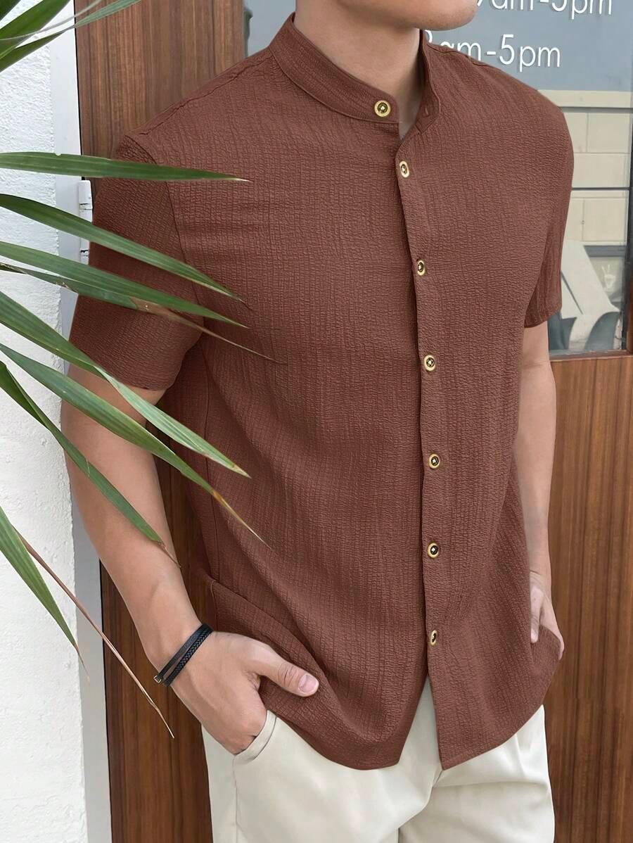 brown textured grandad collar short sleeve shirt