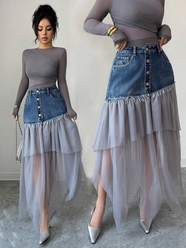 denim patchwork mesh tiered a-line skirt