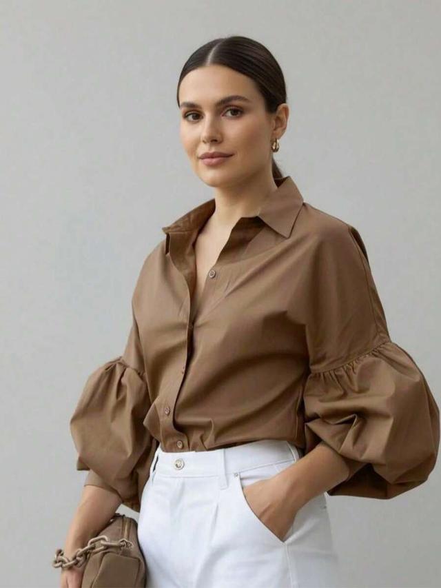 brown puff sleeve button shirt