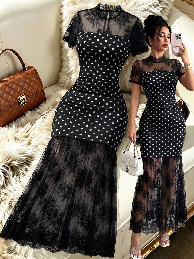 selianne polka dot mesh and lace spliced midi dress