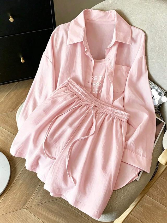 light pink casual cotton shirt and shorts set