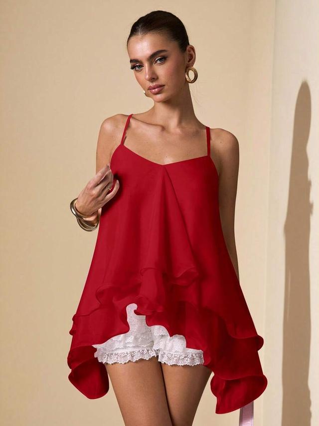 red ruffled sleeveless spaghetti strap camisole blouse