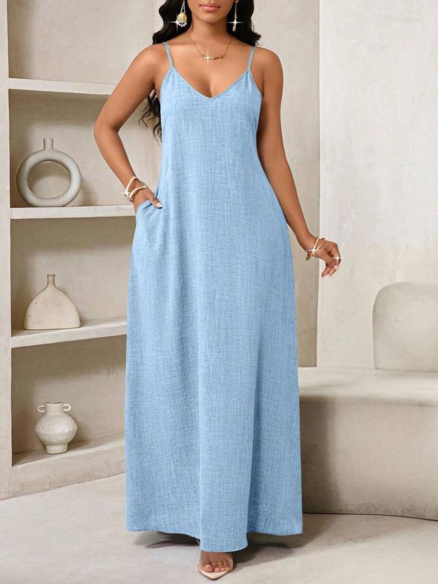 light blue textured linen blend midi slip dress
