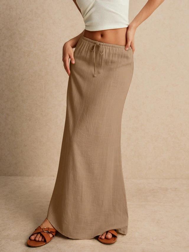 poéselle women's beige linen blend floor length maxi skirt