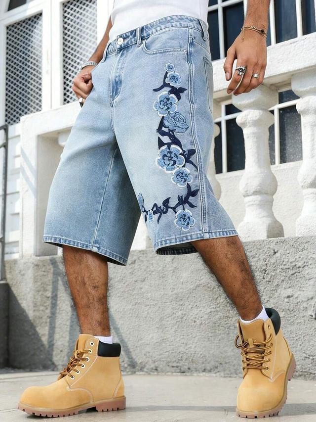 men's light wash embroidered floral denim shorts