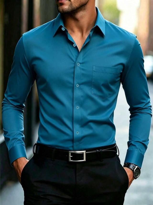 solid teal long sleeve button-up dress shirt