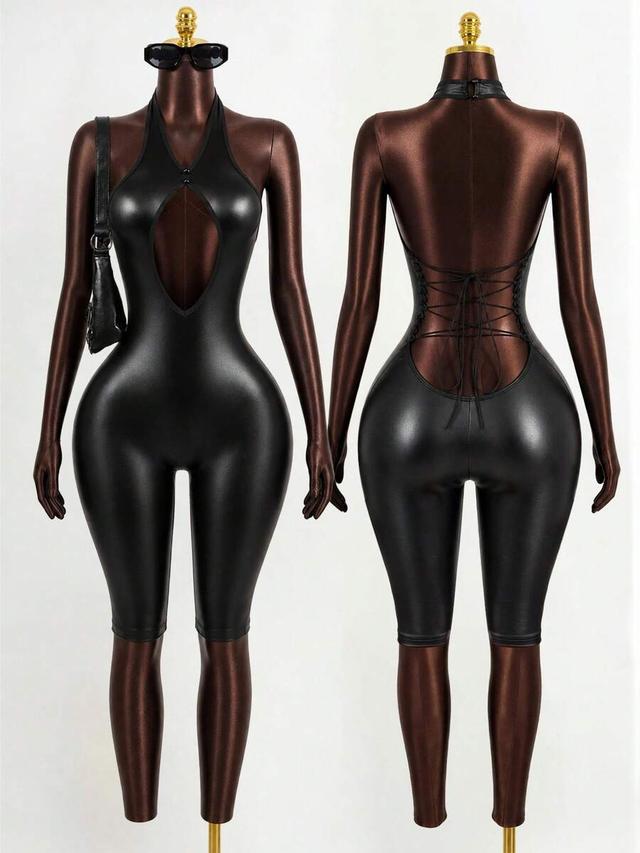 brown and black faux leather lace-up bodysuit