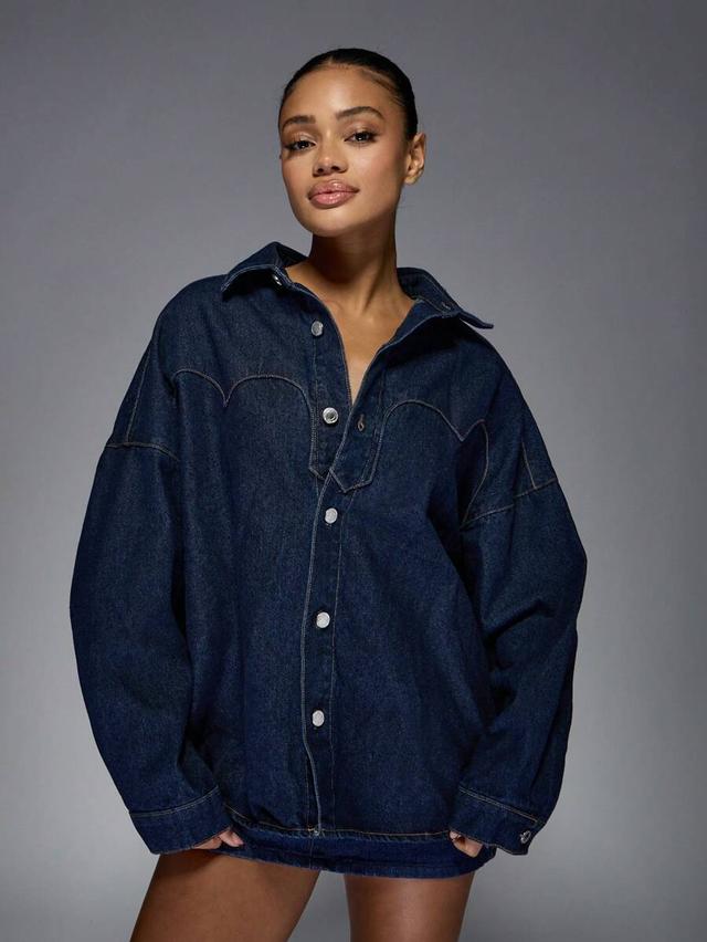 oversized dark wash denim western shirt jacket