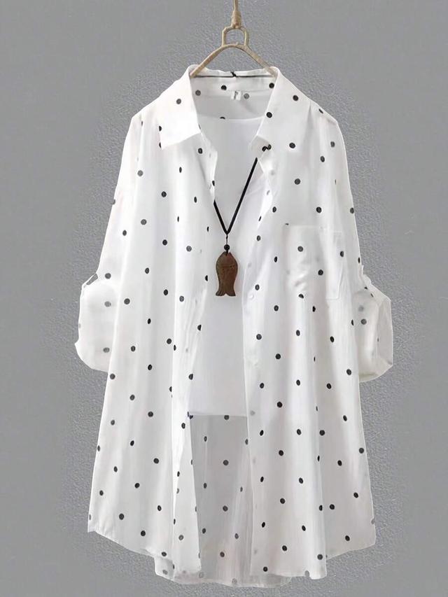 women's white polka dot long collared shirt