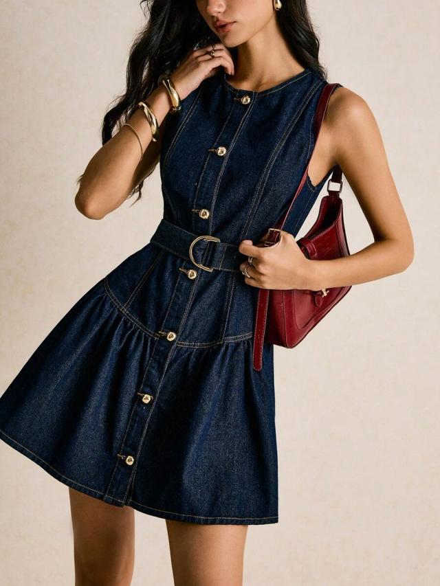 dark wash denim button-down mini dress