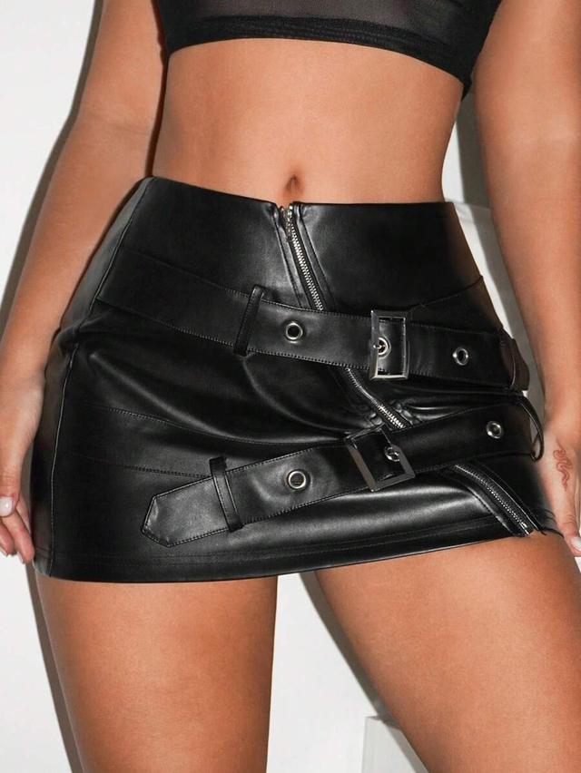 black pu mini skirt with slanted zipper and belts